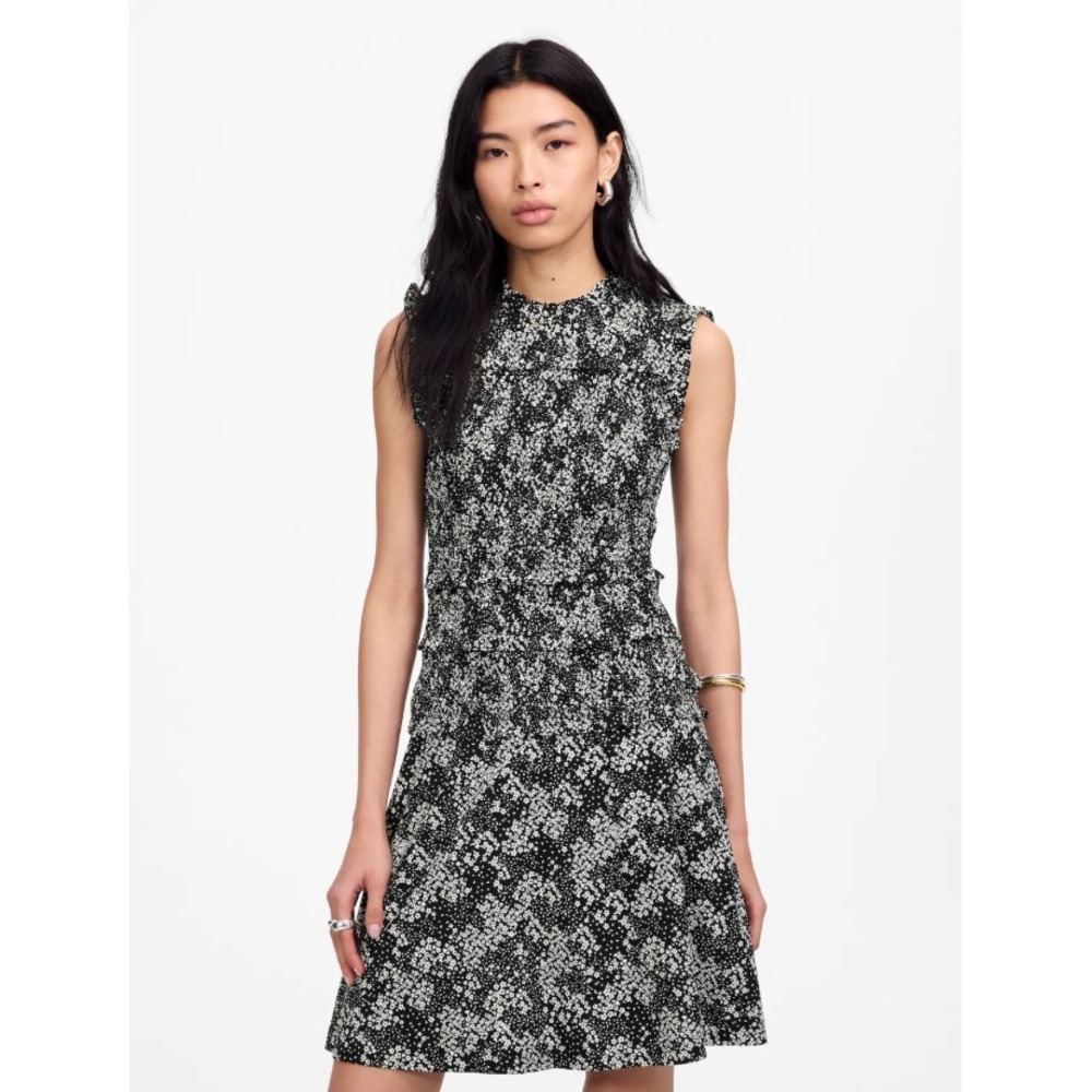 Madewell Smocked Crewneck Mini Dress in Floral Harper Floral Black White Size 10